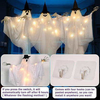 EASY JOY 3PCS Halloween Decorations Outdoor Hanging Ghost Decor with Lights Spooky Halloween Ornaments Ghosts Decorations for Front Porch Yard Tree