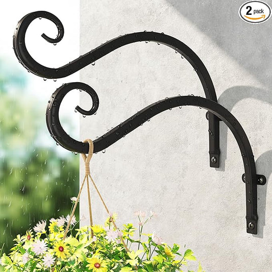 LASZOLA 2 Pack 12 Inch Hanging Plant Brackets, Heavy Duty Iron Wall Hooks for Planter, Bird Feeder, Wind Chime, Lantern, Rust Proof Decorative Hangers for Indoor Outdoor Garden Patio Fence, Black