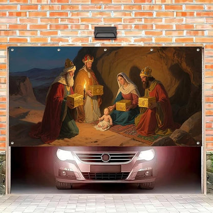 HOMETITUTE 13x6ft Three Wise Men Nativity Scene Garage Door Banner Baby Jesus Mary Polyester Large Outdoor Xmas Decoration for Holiday Party Winter Yard Home School Church Community Display