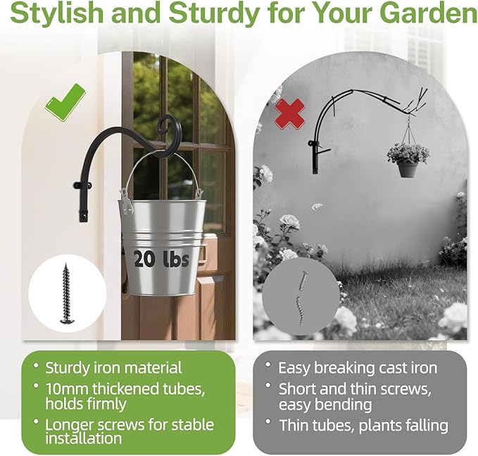iDavosic.ly Plant Hangers Outdoor 2-Pack, 11.8 Inch Heavy Duty Iron Wall Brackets for Hanging Plants, Baskets, Bird Feeders, Lanterns, Wind Chimes, Indoor Metal Hooks for Garden Porch Patio, Black