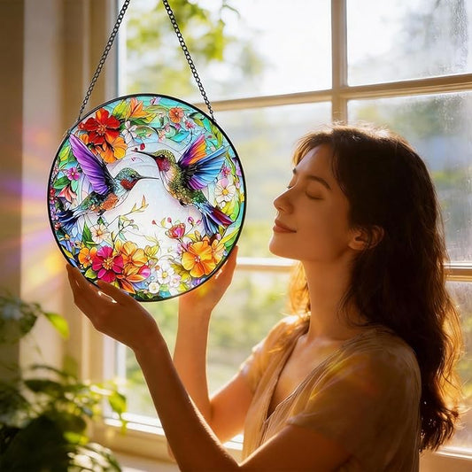 Stained Glass Window Hanging Hummingbird Sun Catcher Indoor and Outdoor, Window Garden Decor Art, Stained Glass Suncathers, Hummingbird Gifts for Women,Mom, Grandma and Wife 7.8’’ Green