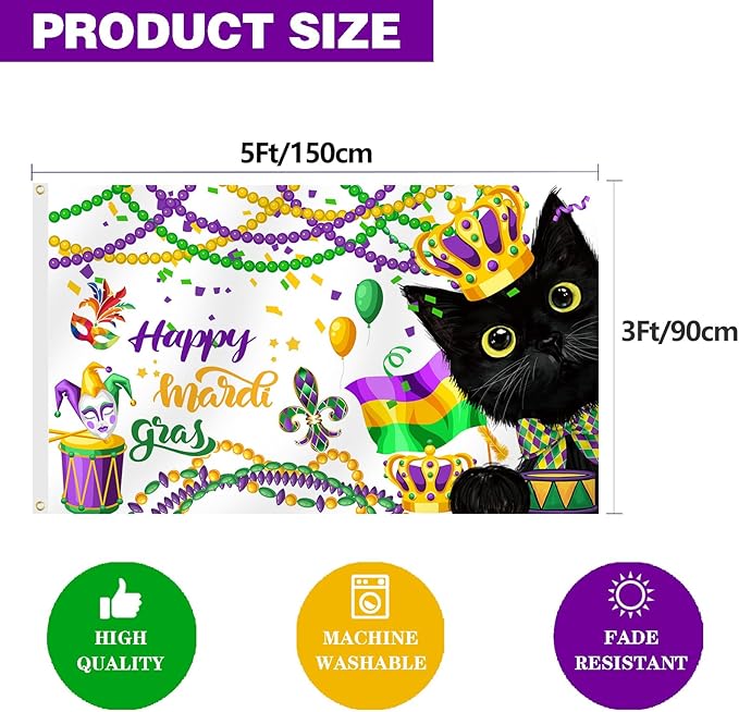 SENSEVEN Black Cat Mardi Gras Flags for Outside 3x5 Ft, Spring New Orleans Carnival Flag, Mask Feather Beads Cat Yard Flag Kitten Holiday Outdoor Banner for Farmhouse Decor, Mardi Gras Party Supplies
