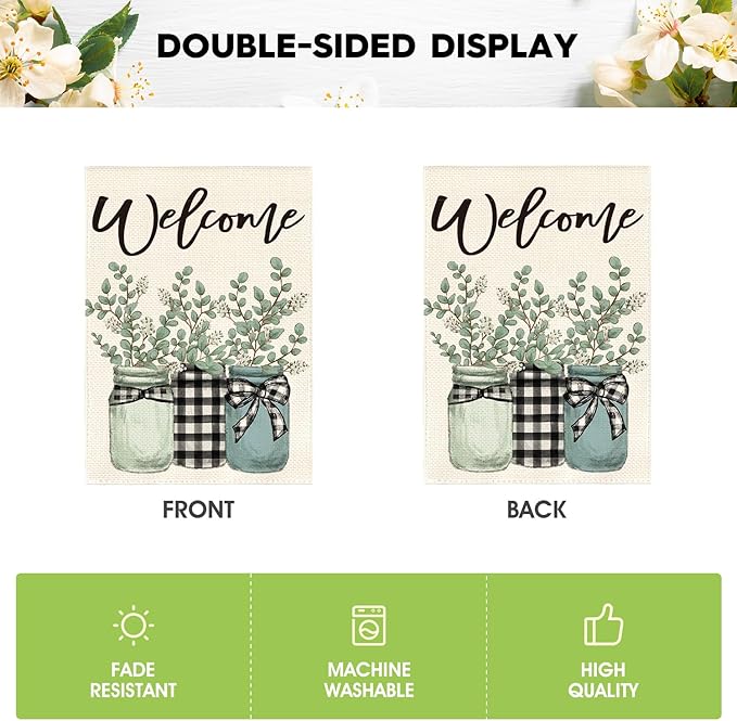 AVOIN colorlife Eucalyptus Mason Jar Spring Summer Garden Flag 12x18 Inch Double Sided Outside, Buffalo Plaid Welcome Yard Outdoor Flag