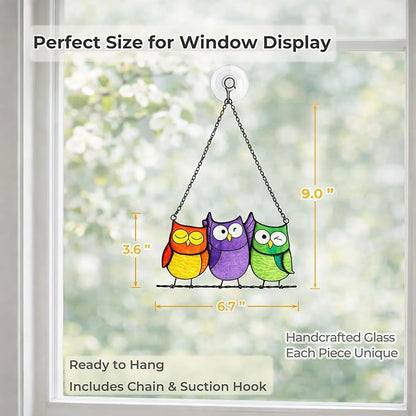 Owls Stained Glass Suncatcher, Handmade Colorful Window Hanging Sun Catcher Ornament for Home & Garden, Gift for Bird Lovers Mothers & Women