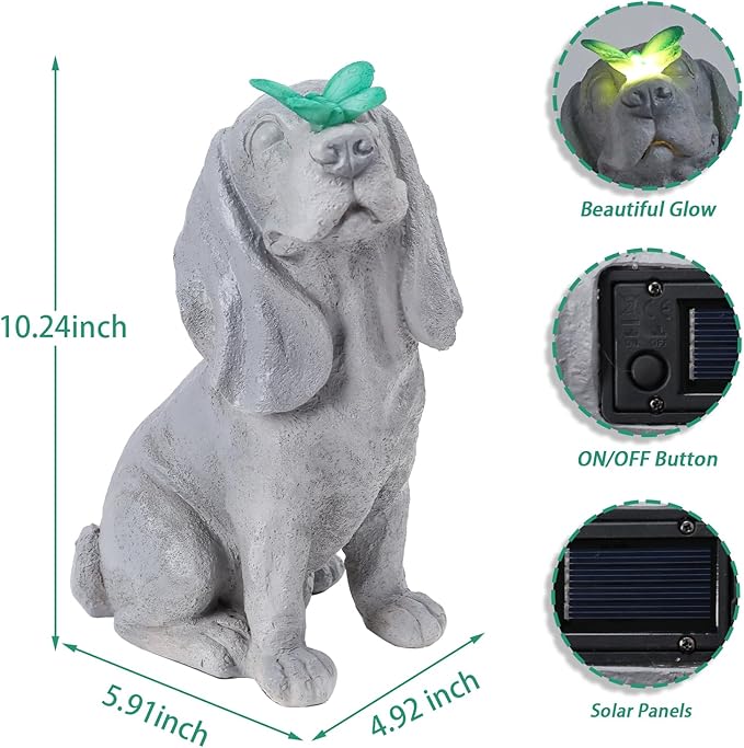 Garden Statue Dog Figurines - Outdoor Dog Statue with Solar Butterfly Lights for Patio Yard Art Decor Balcony Lawn Ornament. Ideal Housewarming Gardening Gifts for Dad Mom