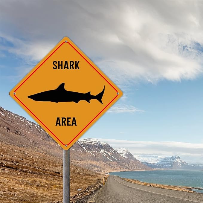 Fierce Fish Area Xing Caution Crossing Sign Ocean Animal Aluminum Metal Sign Warning Sign Novelty Road Fence Yard Wall Decor For Indoor Outdoor Highway12x12in