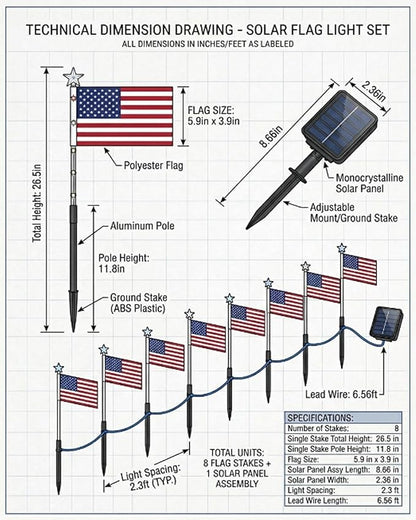 8 Solar American Flag Pathway Lights - Red, White & Blue Yard Glow for 250th Independence Celebration Us, Outdoor Garden Patriotic Decorations Set with Stake for 4th of July Party(16-Pieces)