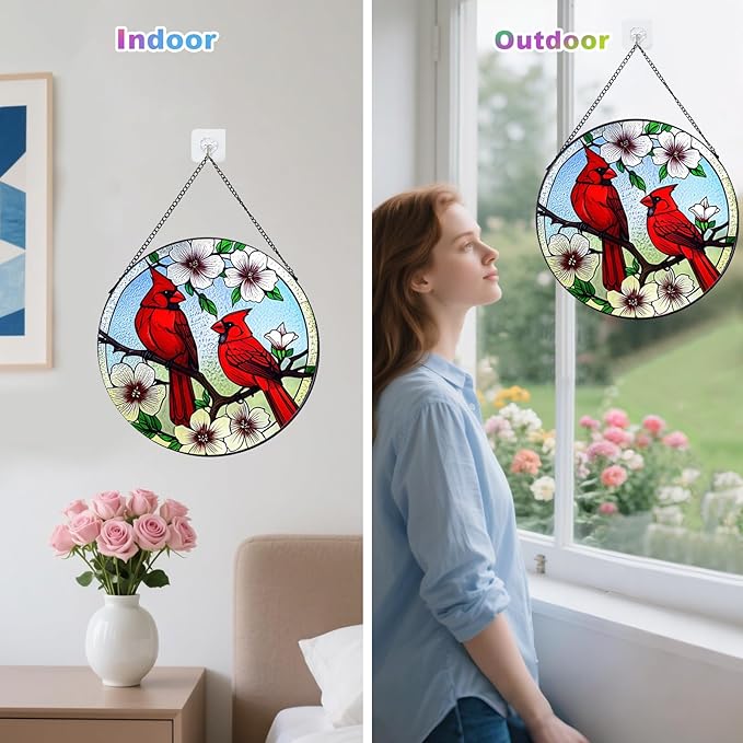 Cardinal Stained Glass,Red Bird Suncatcher for Window,7.8" Stained Glass Window Hanging,Cardinal Gift for Women,Hanging Stained Glass Home Decor