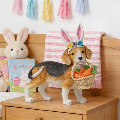 Cynkeyee Dog Garden Statue Decoration - Cute Puppy Beagle Statues with Bunny Ears Carrot Basket Figurines for Tabletop Self Floor Indoor Decor 11.5x4x10.5 inch