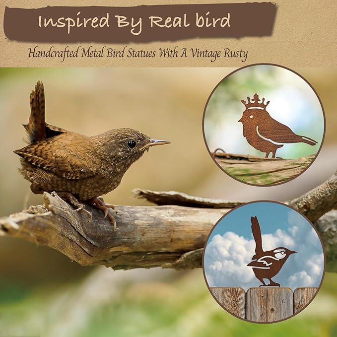 5PCS Rusty Metal Bird Silhouette Statues - Rustic Outdoor Decor for Garden, Fence and Yard Art, Lifelike Metal Birds Yard Decorations Fence Ornaments Yard Art Bird Lovers Gift Ideas