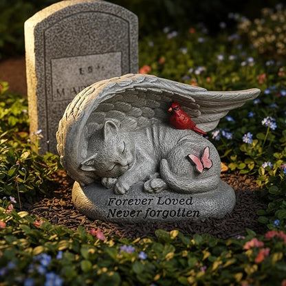 Cat Memorial Stones with Angel Wing Kitten Sculpture Sleeping 6 Inch, Pet Grave Markers Resin Pet Loss Sympathy Gift Cat for Outdoor Garden Gravesite Funeral