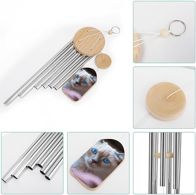 Wind Chimes for Outside,Blue Eyed Cat Printed Cute Aluminium Windchimes Outdoors,Soothing Melodic Memorial Wind Chime for House Porch Patio Garden Balcony Decor