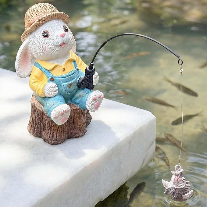 Resin Rabbit Statue - Unique Pond Ornaments & Outdoor Garden Decor | Koi & Fish Pond Accessories | Handcrafted, Durable, Perfect for Koi Fish Decor & Pond Decor