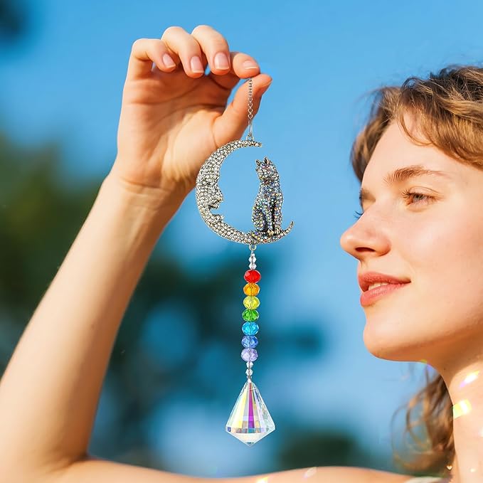 H&D HYALINE & DORA Crystal Suncatchers Moon Cat Sun Catchers Hanging Ornament with Chakra Beads Prism Pendant Pet Memorial Suncatcher Rainbow Maker for Home Indoor Outdoor Decor