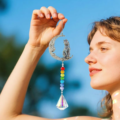 H&D HYALINE & DORA Crystal Suncatchers Moon Cat Sun Catchers Hanging Ornament with Chakra Beads Prism Pendant Pet Memorial Suncatcher Rainbow Maker for Home Indoor Outdoor Decor