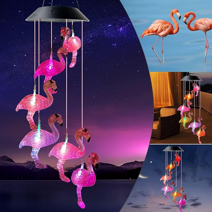 Flamingo Solar Wind Chime, Flamingo Garden Yard Decor, Windchime Outdoor, Flamingo Gifts for Women,Mom，Grandma Christmas, Mother's Day and Thanksgiving Gifts Decor