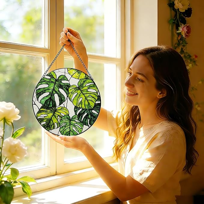 Stained Glass Window Hanging, 8 Inch Monstera Plant Suncatcher, Sun Catchers Indoor Window, Tropical Leaf Suncatchers for Windows Hanging, Spring Home Garden Decor Panel Plant Lover Gift for Women Mom