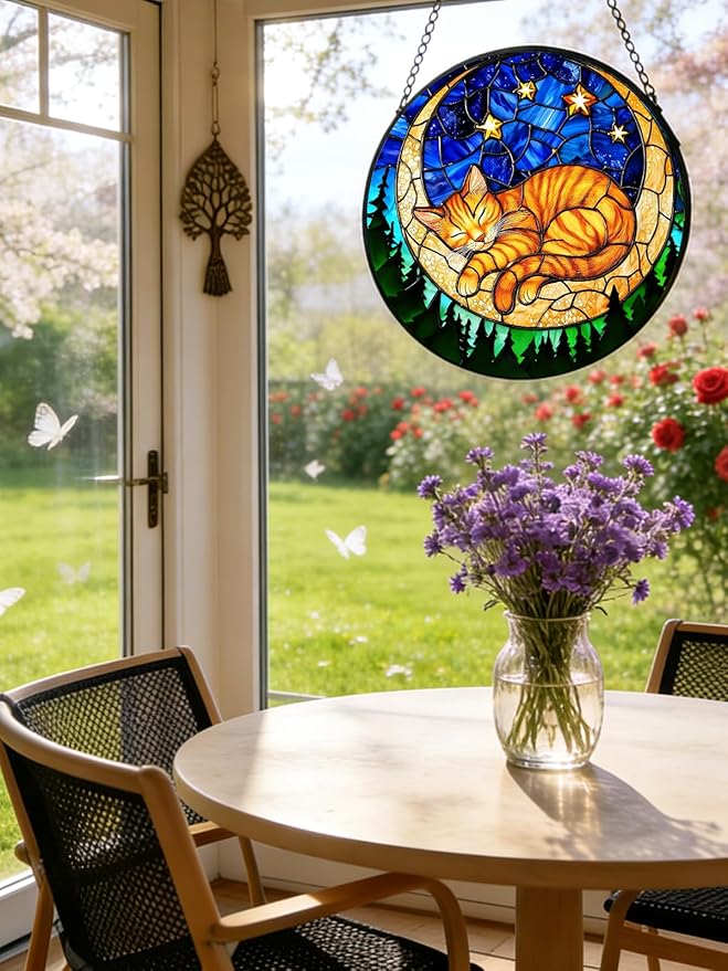 Stained Glass Window Hanging, Orange Sleeping Cat Suncatcher for Door Home Decor Moon Starry Night Sun Catcher Ornament Mother's Day Birthday Gifts for Women Men Mom 7.8 in
