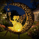 Solar Moon Fairy Garden Stake Light, Outdoor Waterproof Metal Yard Art with Crackle Glass, Decorative Solar Pathway Lights for Patio Lawn, Gift for Housewarming Mother's Day for Mom Women