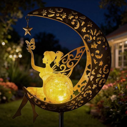 Solar Moon Fairy Garden Stake Light, Outdoor Waterproof Metal Yard Art with Crackle Glass, Decorative Solar Pathway Lights for Patio Lawn, Gift for Housewarming Mother's Day for Mom Women