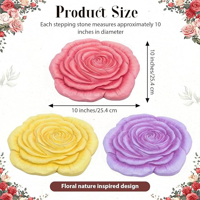 Cinnvoice 3 Pack Garden Stepping Stone Outdoor, Decorative Dimensional Resin Stepping Stones for Patio Pathway Landscaping Walkway Sculpture Yard Backyard Lawn(Rose,10 Inches)