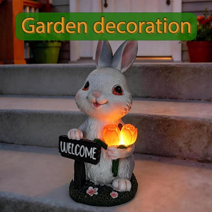 Solar Garden Outdoor Statues Lights Rabbit Garden Sculptures Birthday Housewarming Bunny Gifts for Women Mom Grandma for Patio Yard Lawn Backyard Decorations