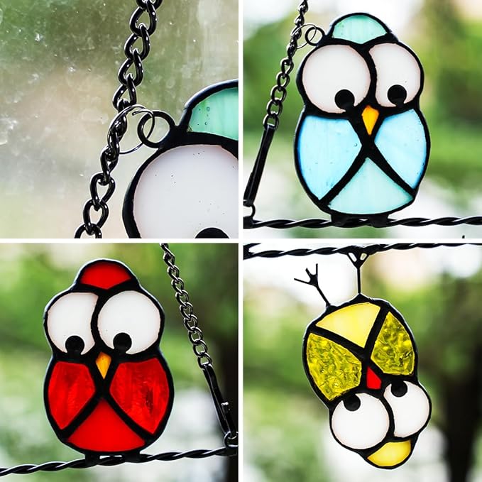 Multicolor Owl Stained Glass Suncatcher for Window,Birds Stained Glass Window Hangings,Bird Suncatchers Deocr for Door Room,Owl Gifts for Mom,Grandma,Birds Gifts for Bird Lovers Women