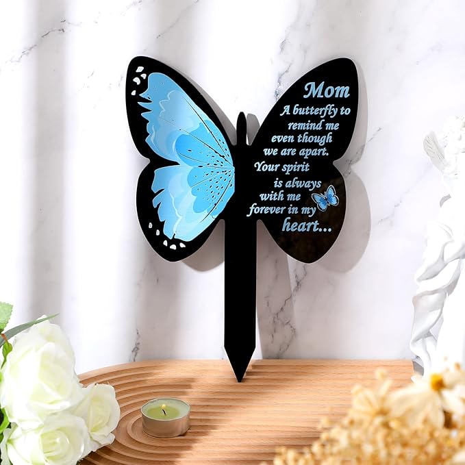 Geosar Mom Memorial Stakes Cemetery Grave Plaque Stake Markers Memorial Butterfly Plaques for Outdoors Sympathy Garden Stake Acrylic Waterproof Garden Grave Decoration(Elegant Style)