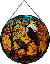 Crow Pattern Suncatcher Stained Glass,Hanging Stained Glass for Windows for Bird Lovers,20cm/7.87inch Sun Catcher Garden Hangings Ornaments Halloween Fall Christmas Decor for Home