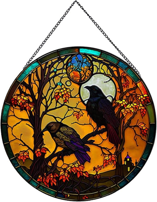 Crow Pattern Suncatcher Stained Glass,Hanging Stained Glass for Windows for Bird Lovers,20cm/7.87inch Sun Catcher Garden Hangings Ornaments Halloween Fall Christmas Decor for Home