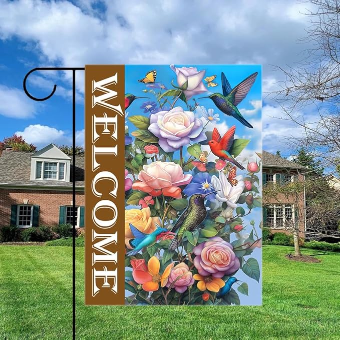 Gkyygk Welcome Garden Flag Roses Hummingbirds Butterflies Double Sided 12x18 Inch Banners Welcome Yard House Outside Outdoor Summer Decoration