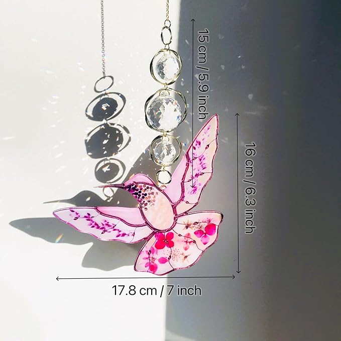 Pink Acrylic Hummingbird Flowers Garden Suncatcher Christmas Tree Home Decor Window Hanging Ornaments Crystal Prism Rainbow Maker Sun Catcher Appreciation Gifts for Mom Grandma Sister