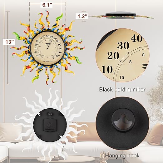 pealstar Large Outdoor Thermometer Waterproof Wall Thermometer Decorative Metal Sun Outdoor Thermometers for Patio Garden Yard Living Room Decor