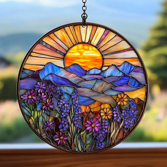 Flower Forest Hill Acrylic Suncatcher Stained Glass Effect Window Car Hanging Christmas Ornament Indoor Outdoor Decor Garden Sun Catcher Panel for Scenery Lover for Women Mom Grandma
