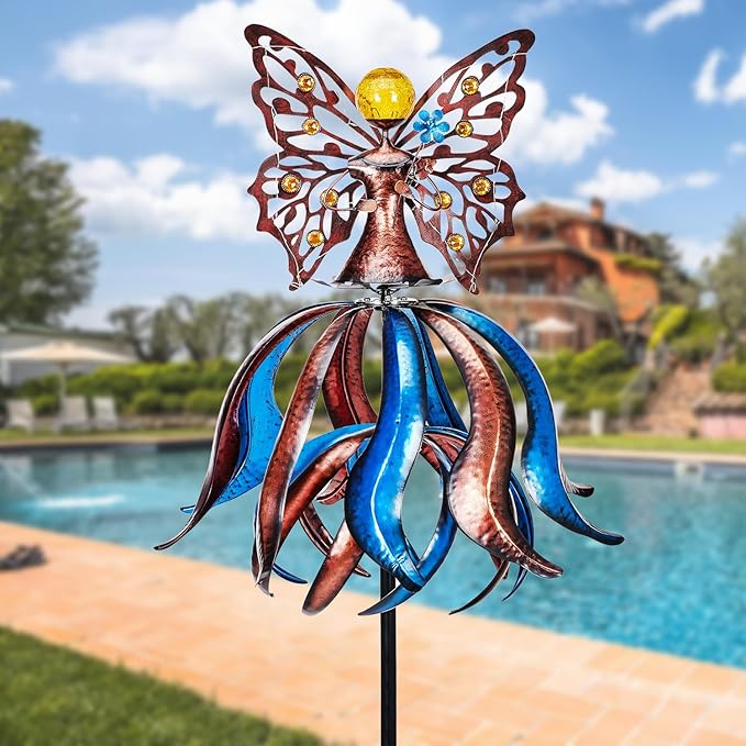 Kircust Solar Wind Spinner, Extra-Large Tulip Garden Windmill Spinners with LED Lighting Solar Powered Glass Ball, Kinetic Metal Sculpture for Outdoor Yard Lawn Patio Decorations