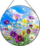 Wildflowers Stained Glass Suncatcher, Floral Suncatcher Wall Hanging,Cottagecore Wildflower Sun Catchers Indoor Window Round Glass Wall Art Decor,Gardening & Lawn Care 7.9"