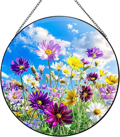 Wildflowers Stained Glass Suncatcher, Floral Suncatcher Wall Hanging,Cottagecore Wildflower Sun Catchers Indoor Window Round Glass Wall Art Decor,Gardening & Lawn Care 7.9"