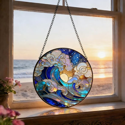 Stained Glass Window Hanging – Colorful Waves and Clouds Design Sun Catcher Glass Panel, Blue & Gold Suncatcher Decor for Birthday, Women, Men, Wife, Aunt, and Mom – 7.8 inches