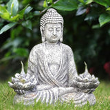 IVCOOLE Buddha Statue Zen Sculpture 11.4in Yoga Garden Decor with LED Solar Lotus Lights, Sitting Meditating Buddha Serene Resin Figurine for Patio Yard Lawn Ornaments,Inside or Outside
