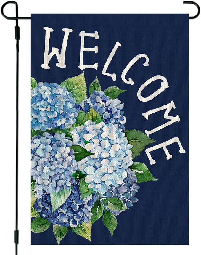 CROWNED BEAUTY Spring Garden Flag Hydrangea Welcome 12x18 Inch Double Sided Small Floral Seasonal Holiday Decoration for Outdoor Lawn Yard