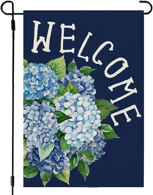 CROWNED BEAUTY Spring Garden Flag Hydrangea Welcome 12x18 Inch Double Sided Small Floral Seasonal Holiday Decoration for Outdoor Lawn Yard