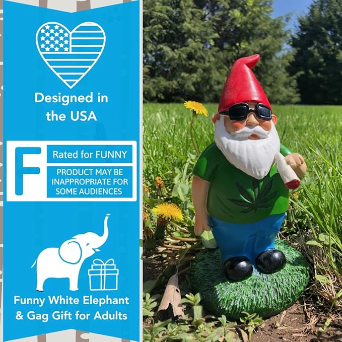 Gnometastic Hippie Smoking Gnome, 8.5in, Funny Garden Gnomes Statue Outdoor Decoration for Yard Lawn Ornament Weed Decor, Inappropriate Gifts & Stocking Stuffers for Men, Women, Adults