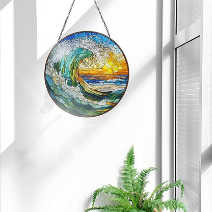 Bimkole Sun Waves Stained Glass Suncatcher Window Hanging - Landscape Indoor Window or Doorway Decoration - Handmade Sun Catcher Decor for Garden Home Christmas & Birthday Gifts 7.87x7.87 Inch