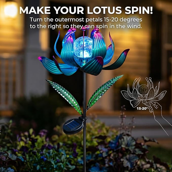 Solar Wind Spinner Outdoor Metal - Kinetic Lotus Flower Garden Sculptures & Spinners with Crackle Glass Lighting, 360° Spinning Yard Art Decor for Patio, Lawn, Pathway, Gifts for Women