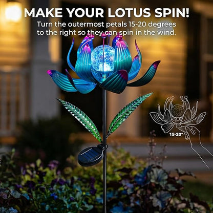 Solar Wind Spinner Outdoor Metal - Kinetic Lotus Flower Garden Sculptures & Spinners with Crackle Glass Lighting, 360° Spinning Yard Art Decor for Patio, Lawn, Pathway, Gifts for Women