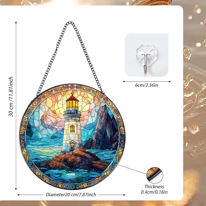 Rngmsi Stained Glass Window Hanging, 7.8″ Pauyadu Lighthouse Sun Catchers with Hook Indoor Window Decor, Decorative Suncatchers Hanging Ornaments Home Garden Art Gift for Housewarming