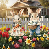 2 Pcs Easter Metal Vintage Bunny Yard Signs, Retro Bunny Couple Easter Decorations Outdoor, Farmhouse Rustic Rabbit Hanging Wall Decor with Carrot Eggs for Home Family Outside Spring Patio