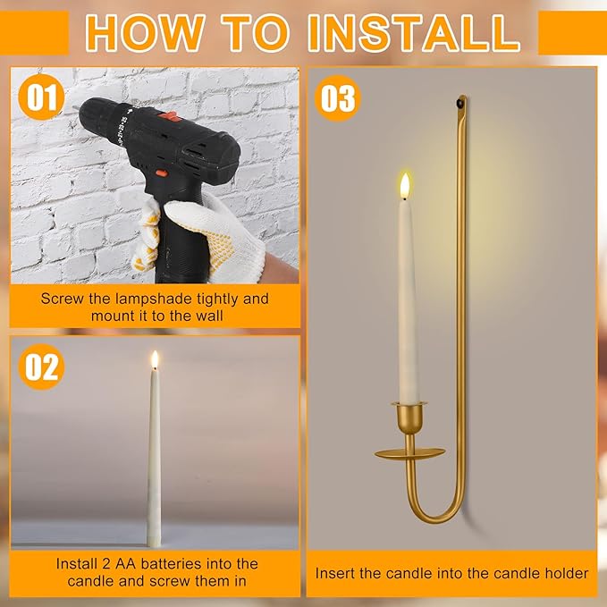 Tessco for you Metal Wall Mount Candle Sconces with 9.6" LED Flameless Taper Candles and Remote Timer 16.5" Wall Hanging Sconces Set for Living Room Fireplace Hallway Stairway(Gold,2 Set)