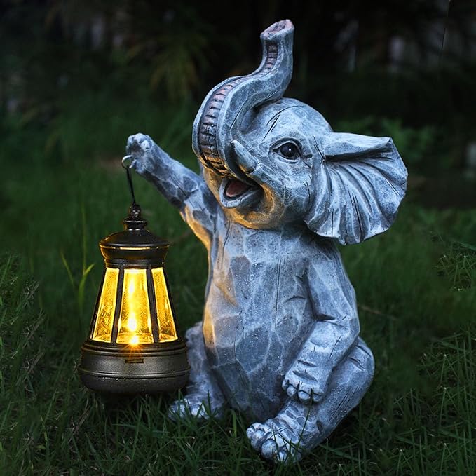 Garden Statues Elephant Solar Figurine Decor Outdoor Waterproof Lights, Yard Decorations Outdoor, Garden Decor Unique Birthday Housewarming Gifts for Mom (Elephant 2)