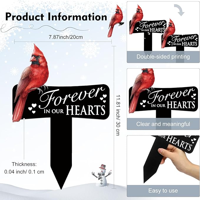 Hicarer Cardinals Grave Markers Cardinals Memorial Gift Metal Sympathy Stakes for Cemetery Memorial, Garden Yard, 11.8 x 7.87 Inch(Forever in Our Hearts)